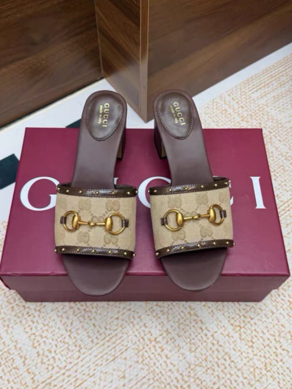 GUCCI GG Canvas Horsebit Block Heel Slides